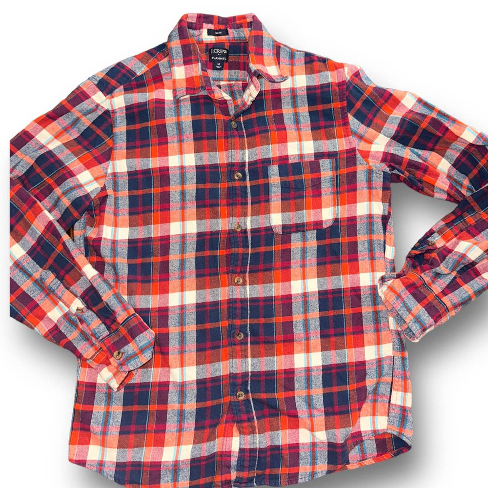 J. Crew Red Orange Blue Plaid Flannel Slim‎ Fit Casual Shirt Size: Medium
